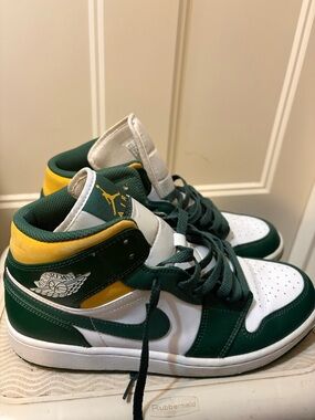 Jordan High top White and Green Sneakers with Yellow Stitch Detail